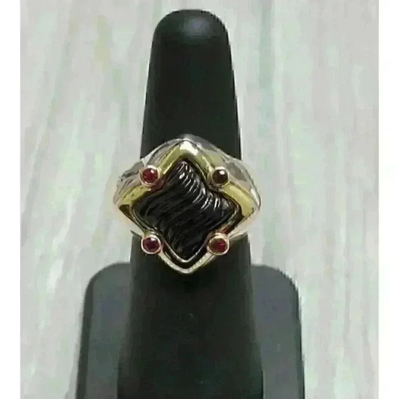 David Yurman Quatrefoil 18K Gold Sterling Silver Onyx Pink Tourmaline Ring SZ 6 - Picture 3 of 11